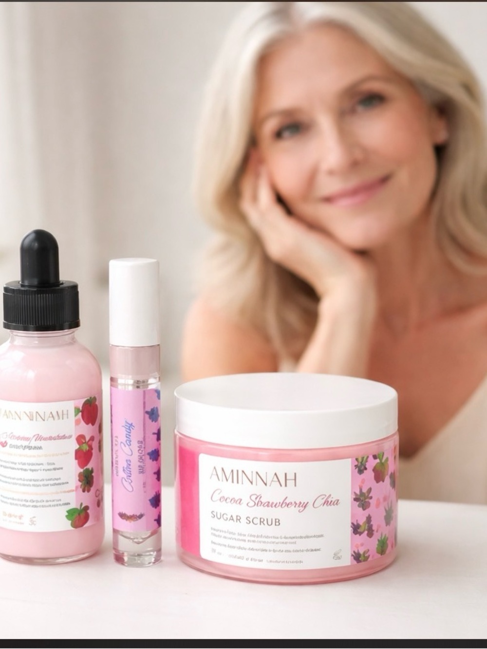 AMINNAH Cocoa Strawberry Chia Sugar Scrub - Lip Gloss- Body Serum 3pc Bundle NWT